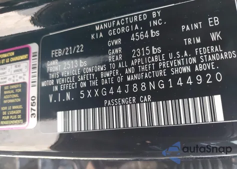 2022 Kia K5 Gt from USA, damaged, VIN 5XXG44J88NG144920